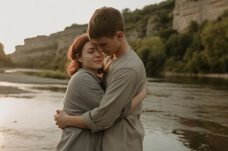 Jeune couple tendrement enlacés, ils ont la chance d’être ensemble et de partager des câlins doux