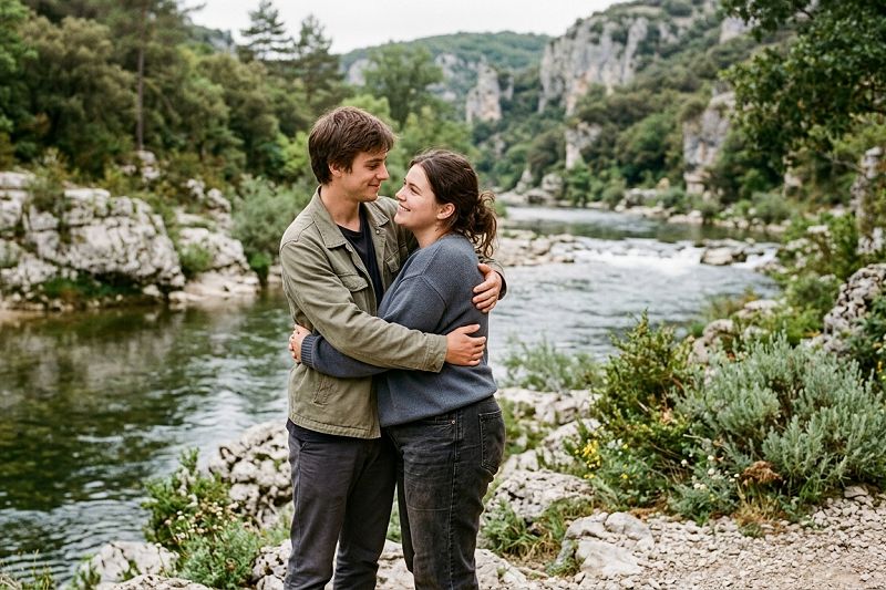 Étreinte tendre d'un couple sur les rivières d'Ardèche proche d'Ailhon, illustrant la fin de la solitude subie en Sud-Ardèche